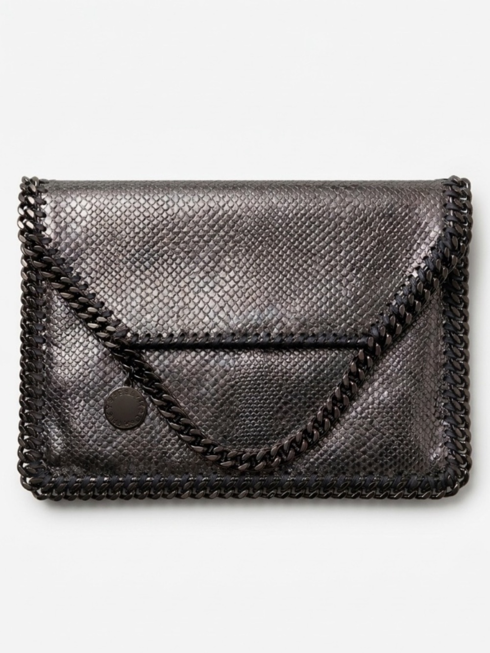 Stella McCartney Metallic Gunmetal Python-Embossed Falabella Fold-Over Clutch